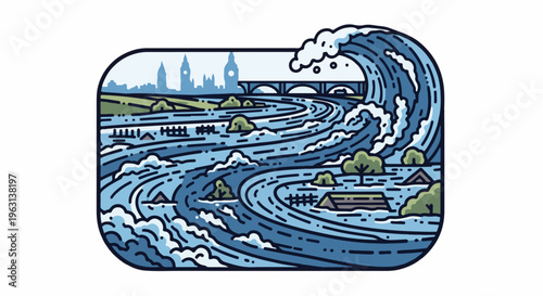 Flooding cityscape with a colossal wave engulfing buildings and a bridge