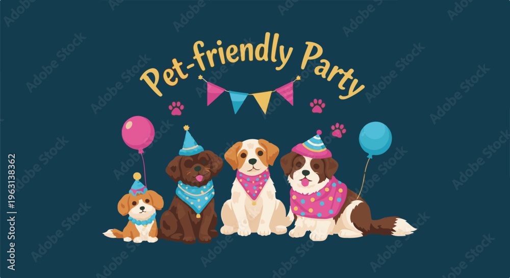 Fototapeta premium Four dogs in party hats and bandanas celebrate a pet-friendly party