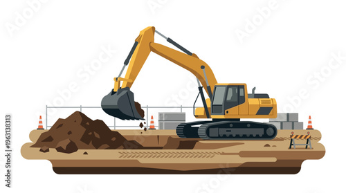 Yellow Heavy Construction Excavator Machine Digging Ground with Bucket on Building Site Illustration