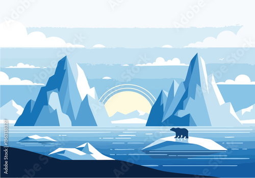 Majestic Polar Bear Surveys its Icy Domain Amidst Frozen Arctic Peaks and Glacial Waters Under a Distant Sun