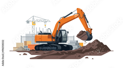 Orange Excavator Digger Working on Construction Site with Tower Crane and Earth Pile, Industrial Heavy Machinery Flat Vector Illustration