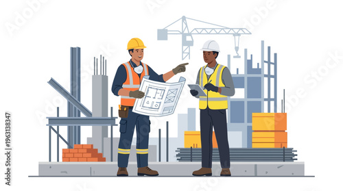 Two Diverse Construction Workers and Engineers Discussing Blueprints on a Building Site Illustration