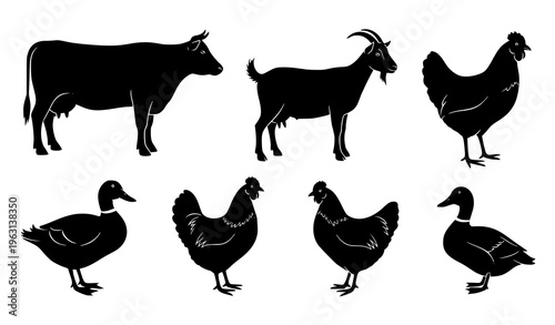 Farm Animal Silhouette Set Cow Goat Chicken Duck Vector