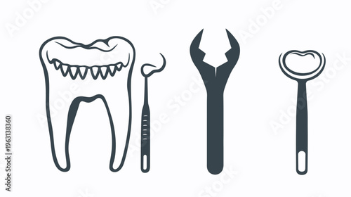 A dental themed graphic. It features a tooth, probe, wrench and bottle opener silhouette