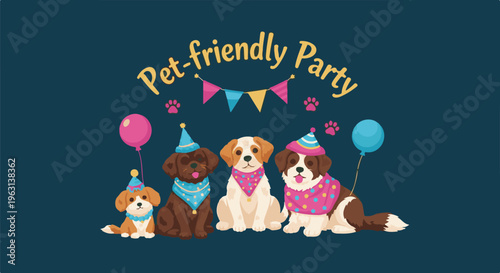 Four dogs in party hats and bandanas celebrate a pet-friendly party
