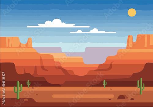 Vast Desert Landscape with Mesas and Cacti Under a Bright Sun and Blue Sky