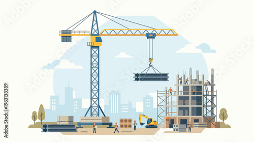 Construction Site Flat Vector Illustration with Tower Crane, Building Process, Engineers and Heavy Machinery in Urban City Background