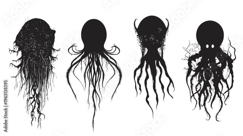 Four black ink octopus illustrations in varying styles with white background