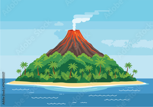 Tropical volcanic island with lush green vegetation and smoking summit surrounded by blue ocean water