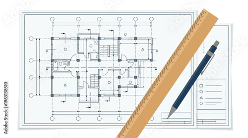 Architectural House Floor Plan Blueprint with Ruler and Pencil for Construction and Design