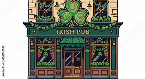 Festive Irish pub decorated with shamrocks and garlands for St. Patrick's Day