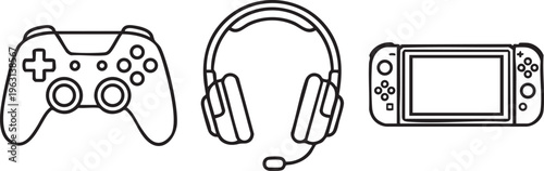 Gaming controller, headset, and handheld console line art illustrations