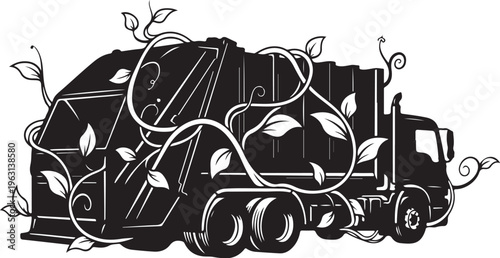 Black garbage truck with leafy vines recycling truck