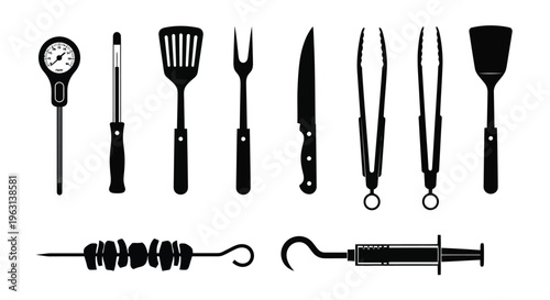 Vector graphic illustration of various barbecue utensils and tools for grilling