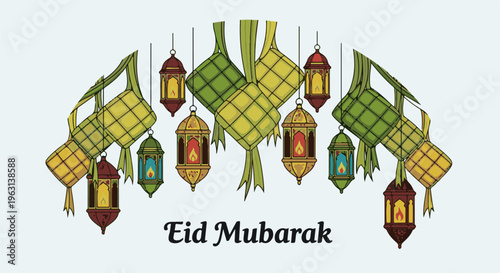 Festive ketupat and lanterns adorn a celebratory Eid Mubarak greeting