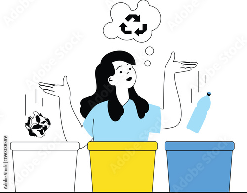 Confused person deciding where to throw away crumpled paper and plastic bottle into recycling bins