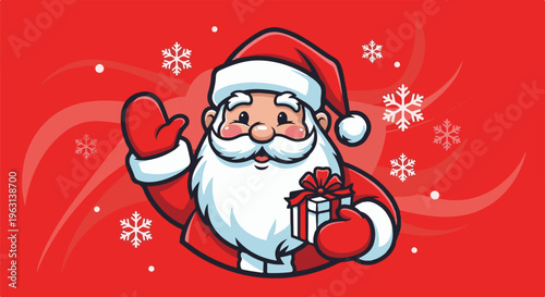 Festive Santa Claus holding a gift box, waving with snowflakes