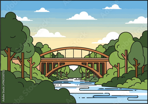 A picturesque wooden bridge gracefully arching over a flowing river, surrounded by lush green trees and a serene blue sky with fluffy white clouds