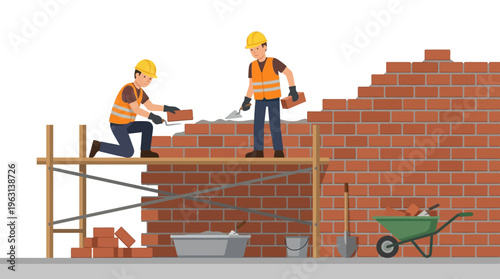 Construction Workers Building Brick Wall on Scaffolding Vector Illustration, Masons at Work on Housing Project