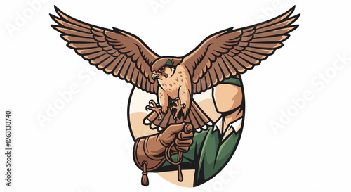 Falcon perched on a gloved hand with wings spread wide