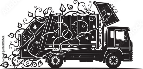 Black garbage truck with vines and leaves recycling truck