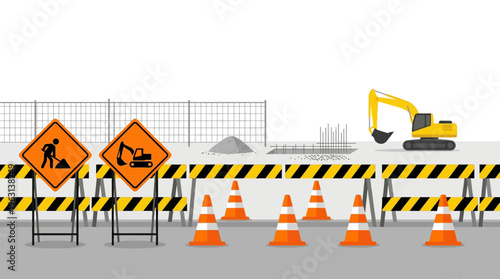 Road Construction Site Flat Vector Illustration with Excavator, Traffic Cones, and Safety Barriers