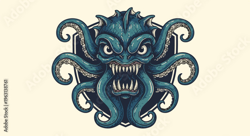 Fierce blue kraken monster with sharp teeth and tentacles on shield