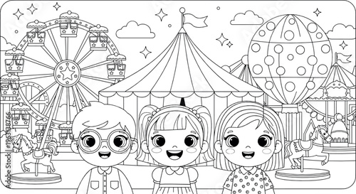 Carnival Scene with Children, Rides, and a Ferris Wheel for Funfair, Amusement Park, and Entertainment Design Projects