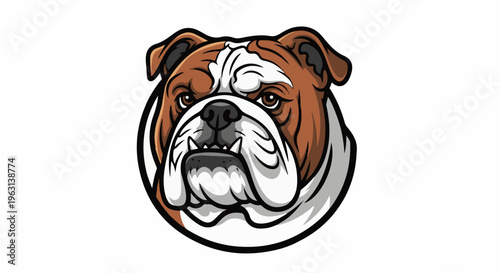 Fierce brown and white bulldog head, cartoon style, strong expression