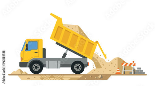 Yellow Dump Truck Unloading Sand at Construction Site Vector Illustration