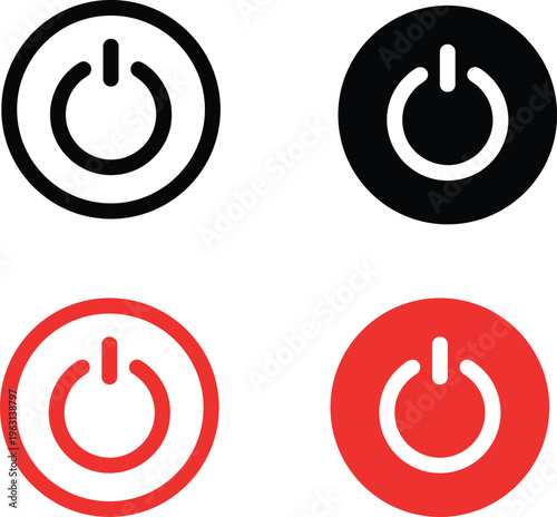 Power switch icon set. Start and shutdown computer button. Black and red symbol off and on. Sign switch for design prints. Flat circle pictogram. Silhouette Round energy signs. Vector illustration