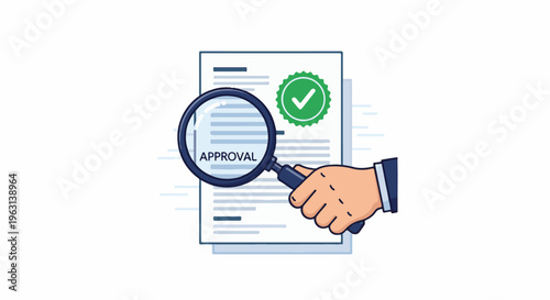 Document being reviewed under magnifying glass with approval stamp