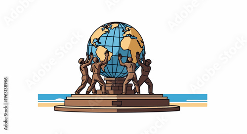 Figures support a globe on a pedestal near a beach