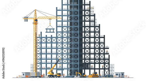 Flat Vector Illustration of Building Construction Site with Skyscraper Frame, Cranes, and Industrial Machinery on White Background