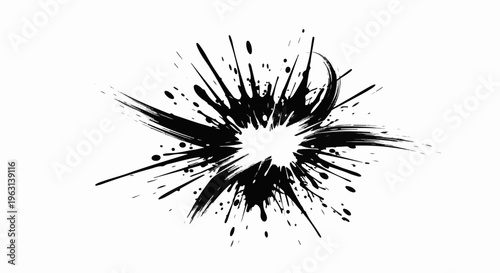 Dynamic black ink splatter burst with chaotic strokes and droplets on white