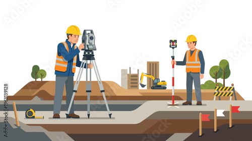 Land Surveyors with Total Station and Prism Pole at Construction Site Vector Illustration. Civil Engineers Measuring Land for Road Work or Building Project.