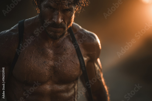 Hybrid athlete holding running shoe and barbell on trail at sunrise.