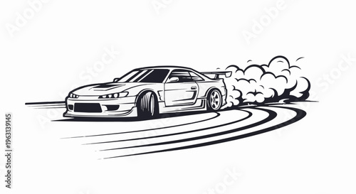 Dynamic illustration of a car performing a smoky drift maneuver on a track