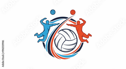 Dynamic graphic of two players in action with a volleyball, surrounded by abstract swirls
