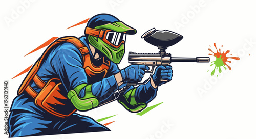 Dynamic illustration of a paintball player in protective gear aiming a marker