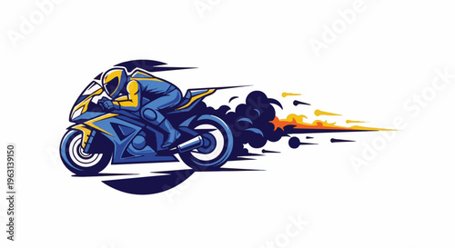 Dynamic illustration of a biker speeding with blue and yellow colors, leaving a trail of smoke and fire
