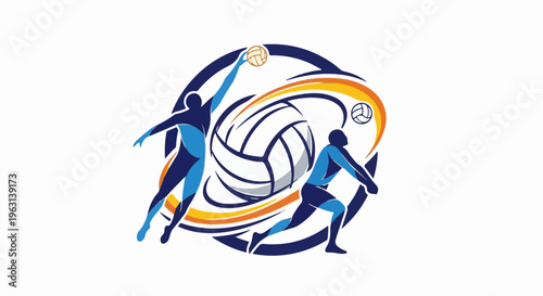 Dynamic volleyball illustration with two players in action and a ball