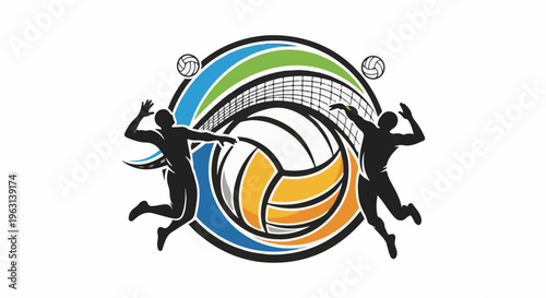 Dynamic volleyball graphic featuring players in action with a ball and net