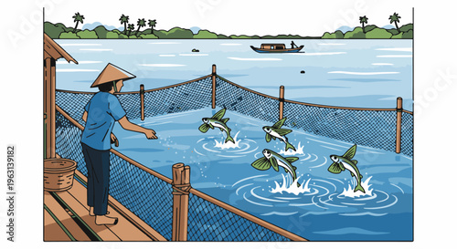 Fisherman feeding jumping fish from a wooden platform by a lake