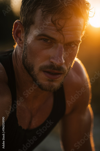 Hybrid athlete holding running shoe and barbell on trail at sunrise.