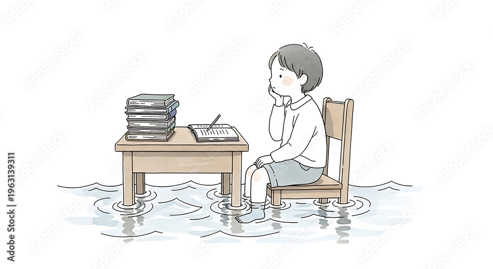Fototapeta premium A young boy sitting at a desk in floodwater with books and notebook water color painting