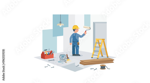 Male Construction Worker Painting Wall during Interior Home Renovation, Flat Vector Illustration of Handyman with Tools and Ladder