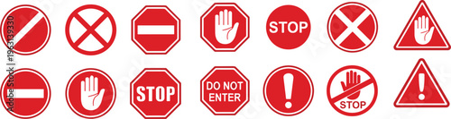 Set stop red sign icon with white hand, do not enter. Warning stop sign stock vector
