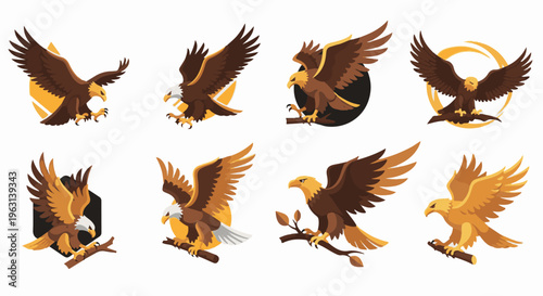 Eight pixel art eagles in various poses and styles, mostly brown and gold