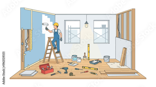 Professional Painter Renovating Interior Room with Construction Tools, Flat Line Art Illustration